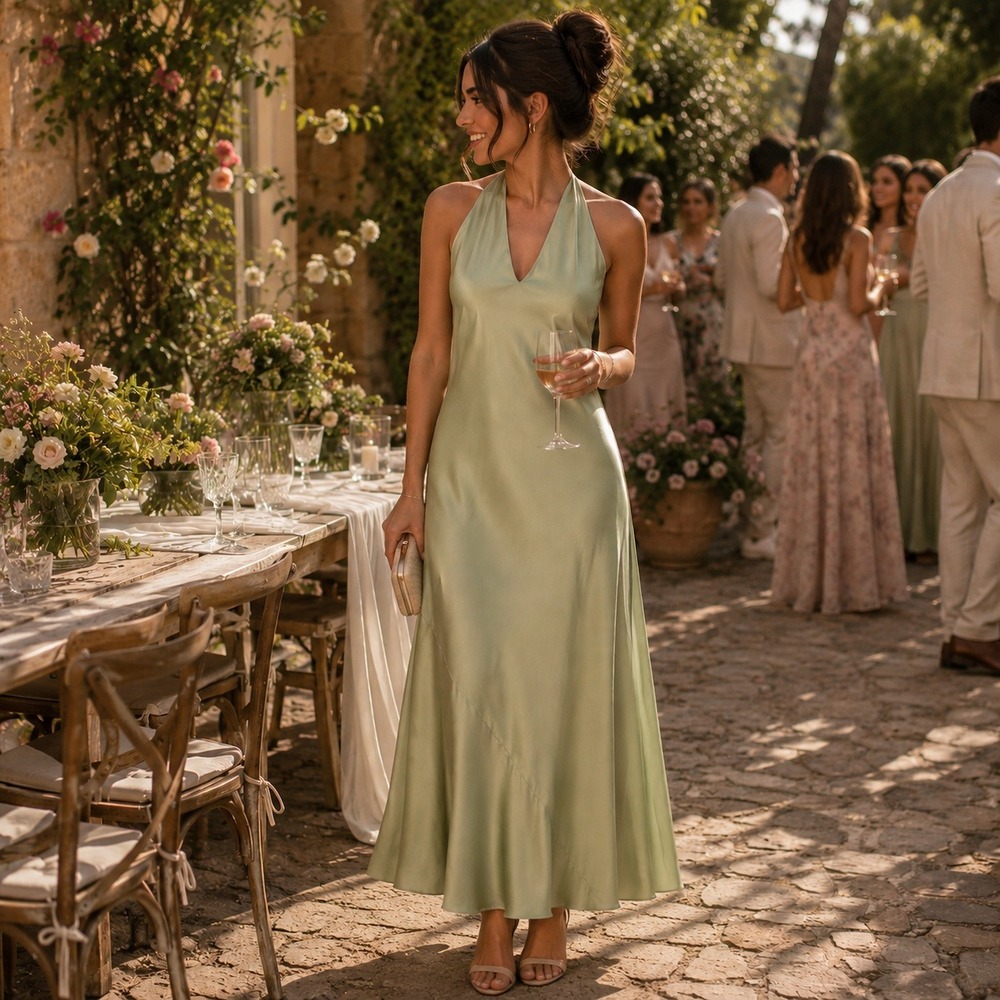 Show Me Your Mumu Sage Green Satin Halter Open Back Maxi Bridesmaid‎ Dress Small